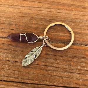 Feather Crystal Keychain, Feather Keychain, boho festival jewelry, boho festival keychain Purple Amethyst