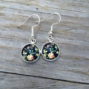 Rose Floral Dangle earrings, Flower earrings, Fishhook earrings, cabochon earrings, 12mm earrings, Gifts for her, Valentines Earrings