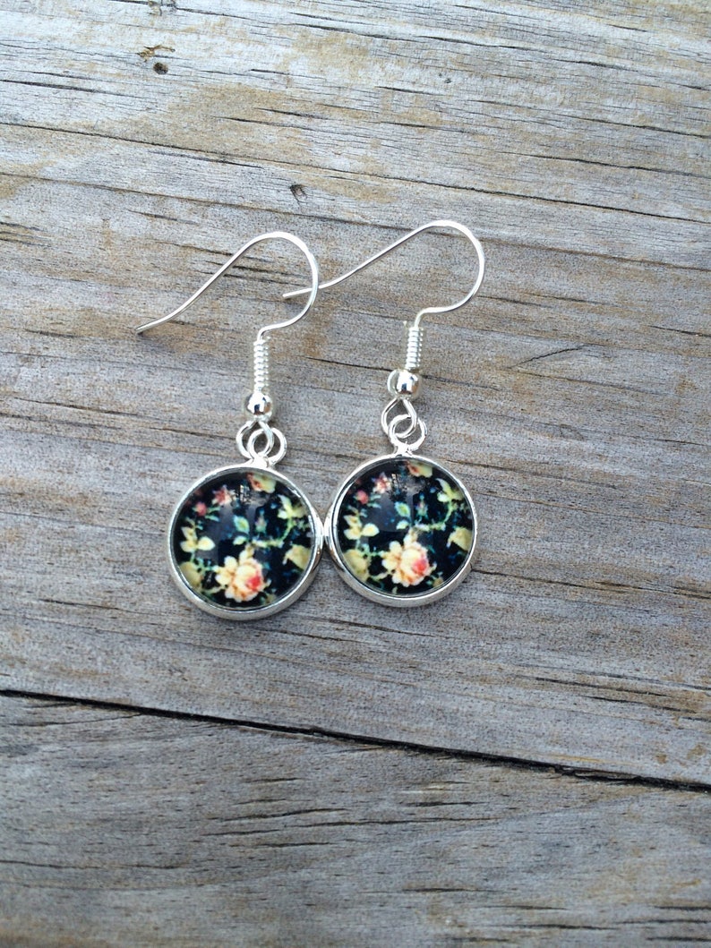 Rose Floral Dangle earrings, Flower earrings, Fishhook earrings, cabochon earrings, 12mm earrings, Gifts for her, Valentines Earrings image 1