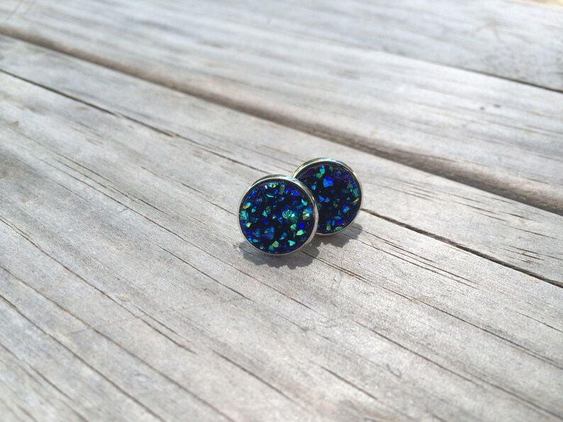 Dark Blue Druzy Earrings, Faux Druzy Earrings, Bridal Druzy, Stud Earrings, Gifts for her, Gifts for mom, Gifts for teens, Christmas image 2