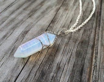 Opalite Raw Crystal Wire Wrapped on a Silver Plated Necklace, Opalite Necklace, Crystal Necklace, Wire Wrapped Necklace