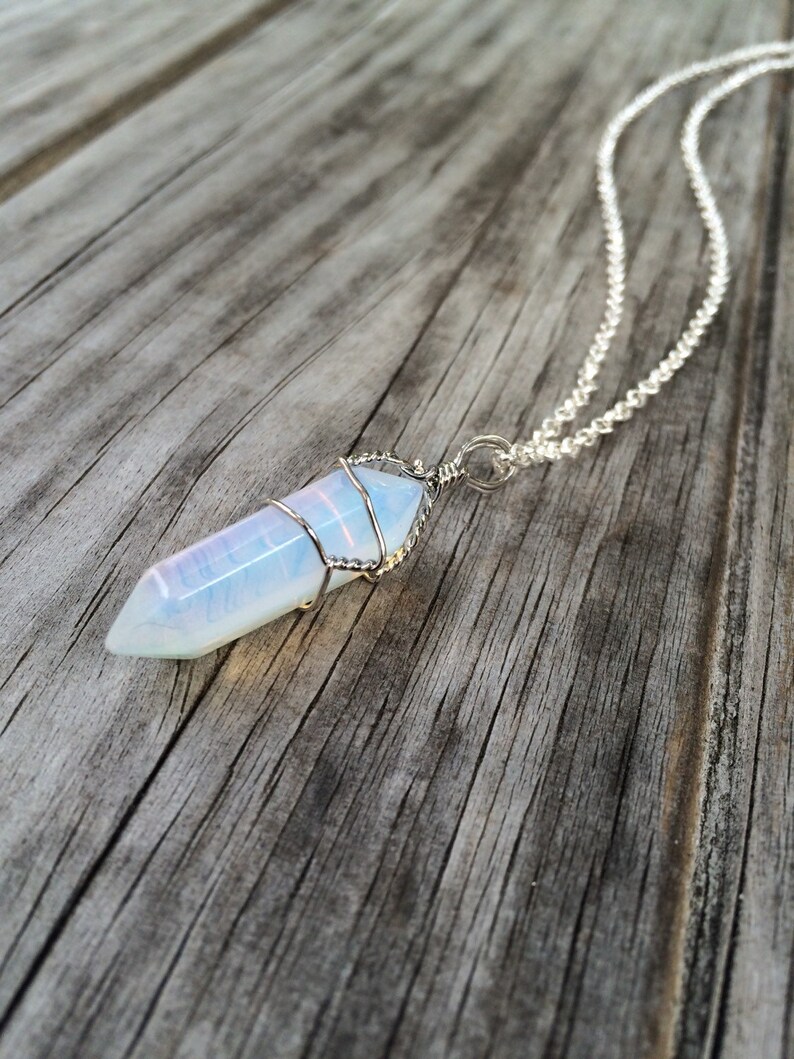 Opalite Raw Crystal Wire Wrapped on a Silver Plated Necklace, Opalite Necklace, Crystal Necklace, Wire Wrapped Necklace afbeelding 1