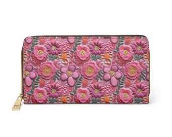 Pink Faux Embroidery Floral Zipper Wallet