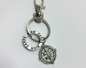 Carpe Diem Charm Keychain, Compass Keychain, Quote Charm Keychain, Travel Keychain, gifts for her