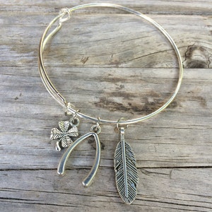 Good Luck bracelet, Wishbone Bracelet, Feather Bangle, Charm bracelet image 3