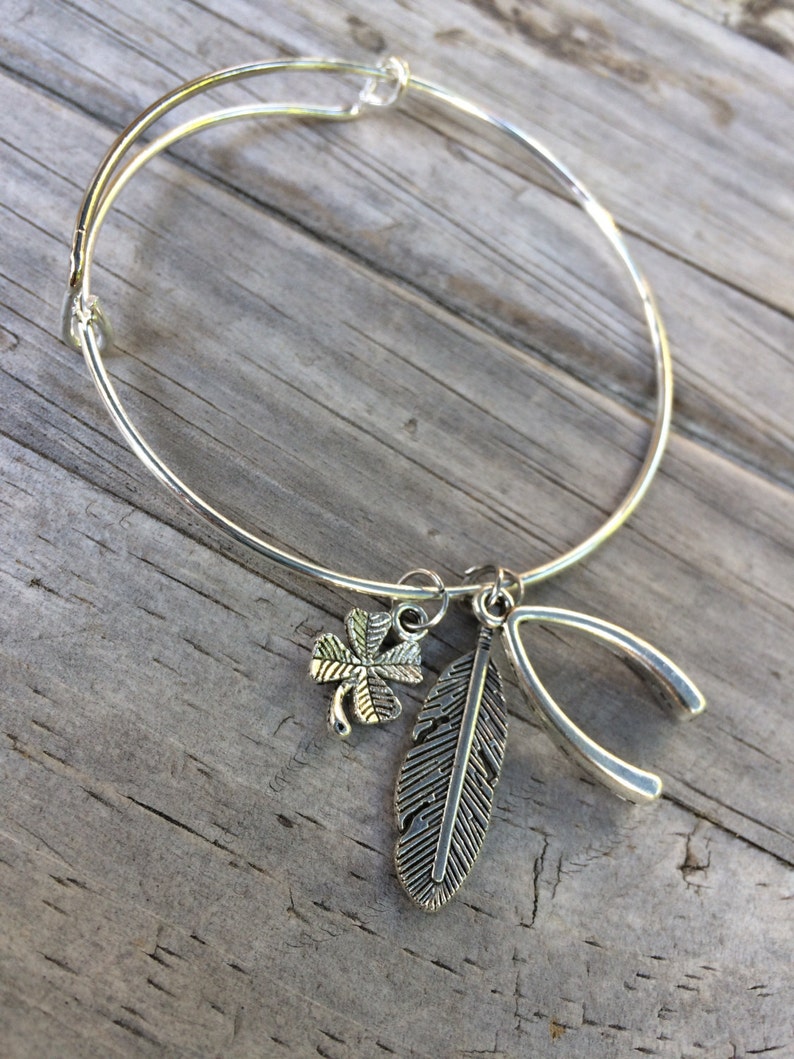 Good Luck bracelet, Wishbone Bracelet, Feather Bangle, Charm bracelet image 1