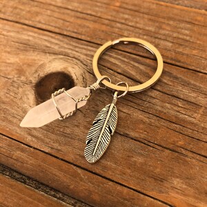 Feather Crystal Keychain, Feather Keychain, boho festival jewelry, boho festival keychain Clear Quartz