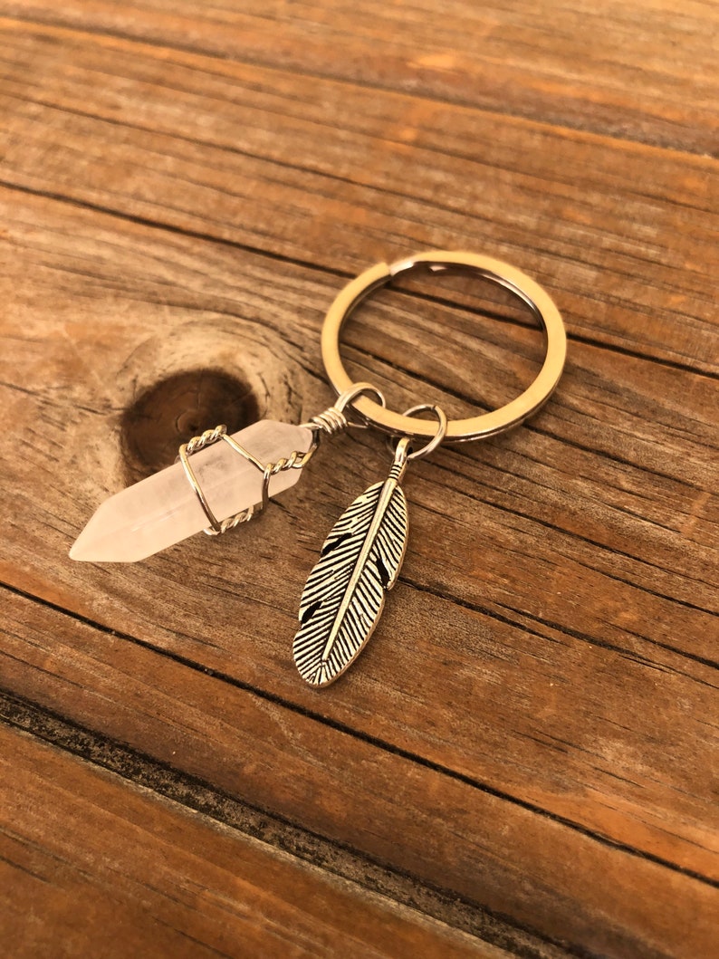 Feather Crystal Keychain, Feather Keychain, boho festival jewelry, boho festival keychain Clear Quartz