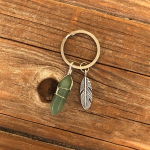 Feather Crystal Keychain, Feather Keychain, boho festival jewelry, boho festival keychain Green Aventurine