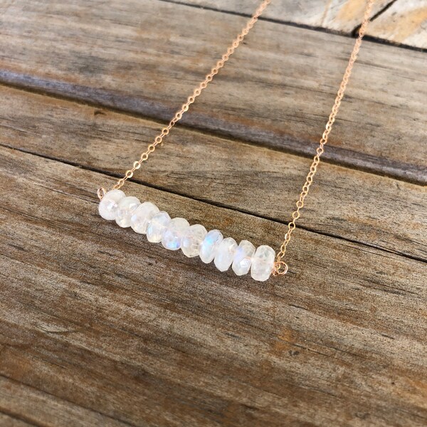 Delicate Moonstone Necklace, Bar Necklace, 14k rose gold necklace, Moonstone Rose Gold Necklace, Smooth Beaded Necklace