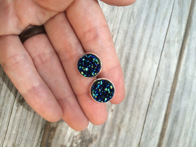 Dark Blue Druzy Earrings, Faux Druzy Earrings, Bridal Druzy, Stud Earrings, Gifts for her, Gifts for mom, Gifts for teens, Christmas image 3