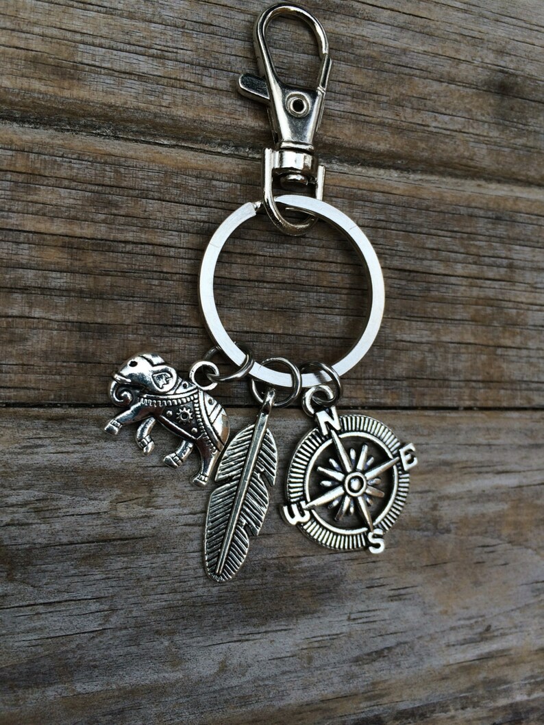 Elephant Compass Charm Keychain, Feather Keychain, Charm Keychain, Wilderness Keychain, gifts for her image 2