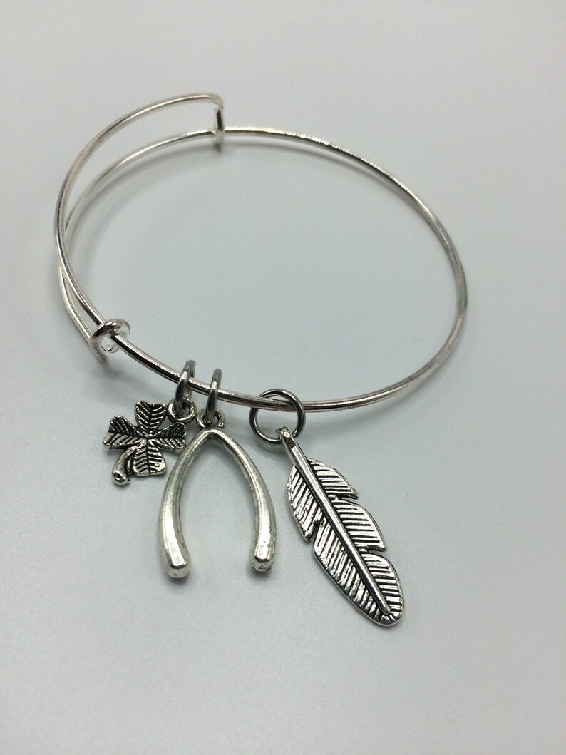 Good Luck bracelet, Wishbone Bracelet, Feather Bangle, Charm bracelet image 2