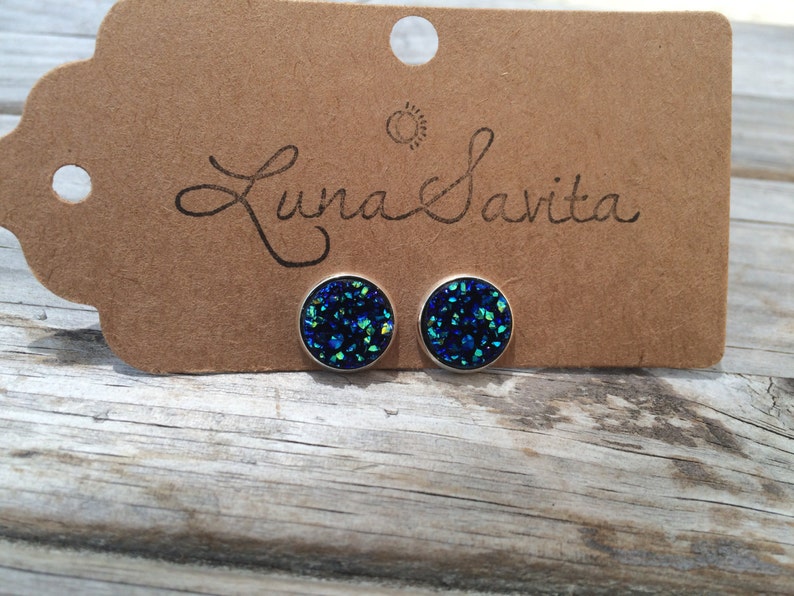 Dark Blue Druzy Earrings, Faux Druzy Earrings, Bridal Druzy, Stud Earrings, Gifts for her, Gifts for mom, Gifts for teens, Christmas image 1