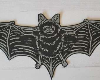 Handmade Paper Bat Garland: Block Print Halloween Decor - Silver and Black