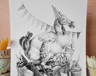 Dodo Bird Birthday Party Art Print: Funny Belated Gift (9x12)