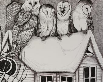 Yule Cottage Print: Barn Owls, Winter Holiday Art (9x12)