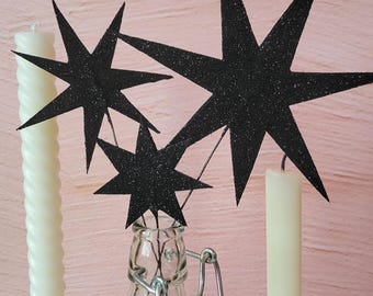 Black Glitter Stars - 7-Point, Centerpiece Floral Pick, Dark Decor, Costume Accessory, Holiday & Party Supply