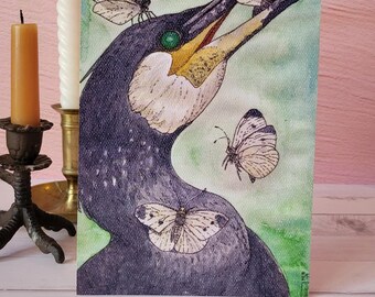 Cormorant and Moths Watercolor Print: Nature Art (6x9)
