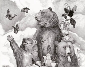 Grizzly Bears Tea Party Print: Whimsical Woodland Animals (9x12)