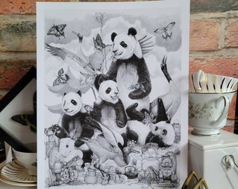 Panda Bears Art Print 9x12: Woodland Creatures, Cranes & Butterflies