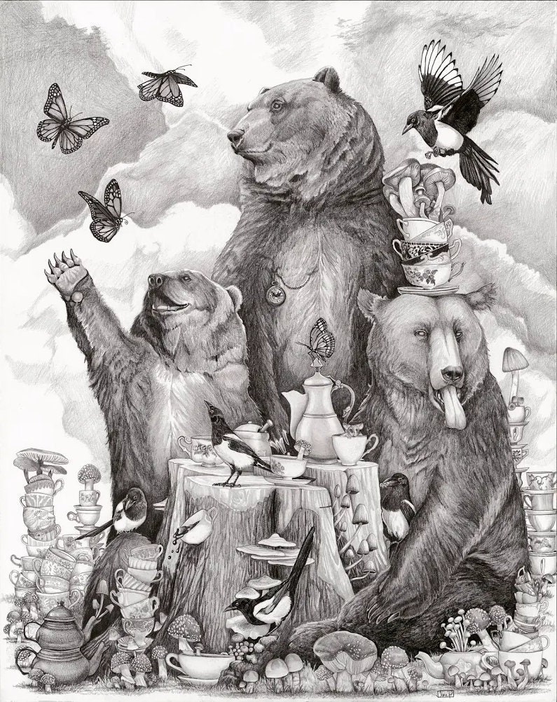 A Grizzly Tea Party Print 9x12 Woodland Creatures Mushroom Etsy Ireland