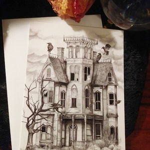 Haunted House BLANK CARD - victorian house, gothic art, haunted house, mansion, ghost, Halloween, crows and ravens, spooky season