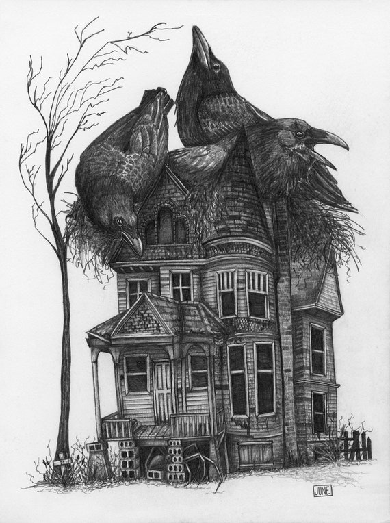 Haunted Victorian House Fine Art Print 9 X 12 House Sitter Series Haunted Mansion Ghost Story Halloween Print Crows And Ravens