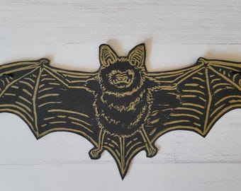 Handmade Paper Bat Garland: Block Print Halloween Decor - Black and Gold