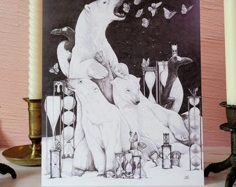 Polar Bear Illustration Print (8x10): Fantasy Nature Art