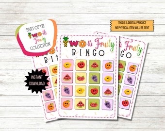 Könnte beinhalten: Zwei druckbare Bingokarten mit einem fruchtigen Thema. Jede Karte hat ein 5x5-Raster mit Bildern verschiedener Früchte, darunter Wassermelone, Trauben, Zitronen, Erdbeeren und Orangen. Die Karten sind Teil einer "Wo-tti Fruty"-Kollektion.