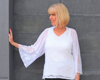 White Shrug with bell lace sleeve
