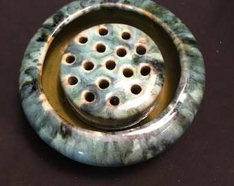 Brush McCoy green glazed pottery low bowl with matching frog , circa 1915-25.