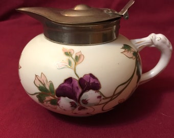 Antique porcelain syrup pitcher , hand decorated by Knowles, Taylor and Knowles.