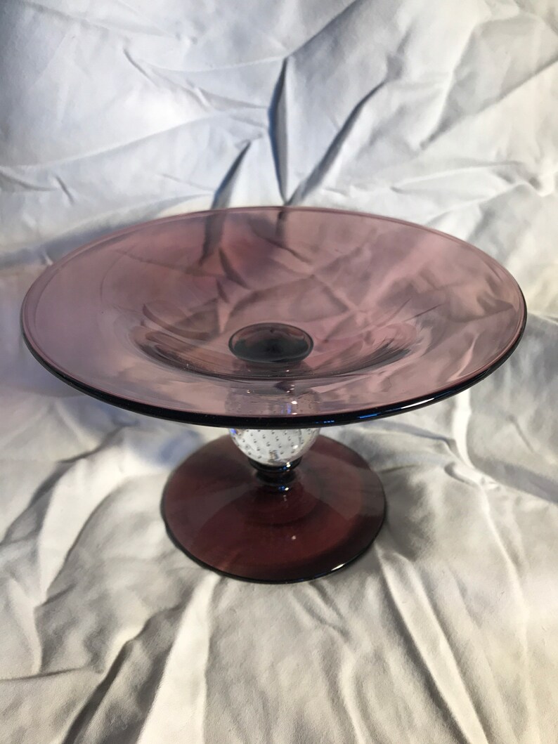 Pairpoint amythest glass compote with controlled bubble stem