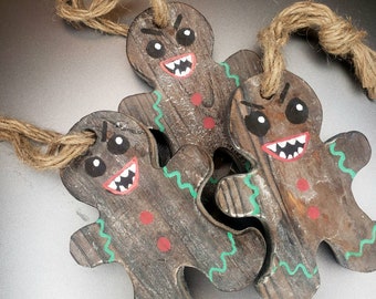 Gingerbread man ornaments, Halloween decor, rustic, farmhouse, creepy, evil gingerbread man.