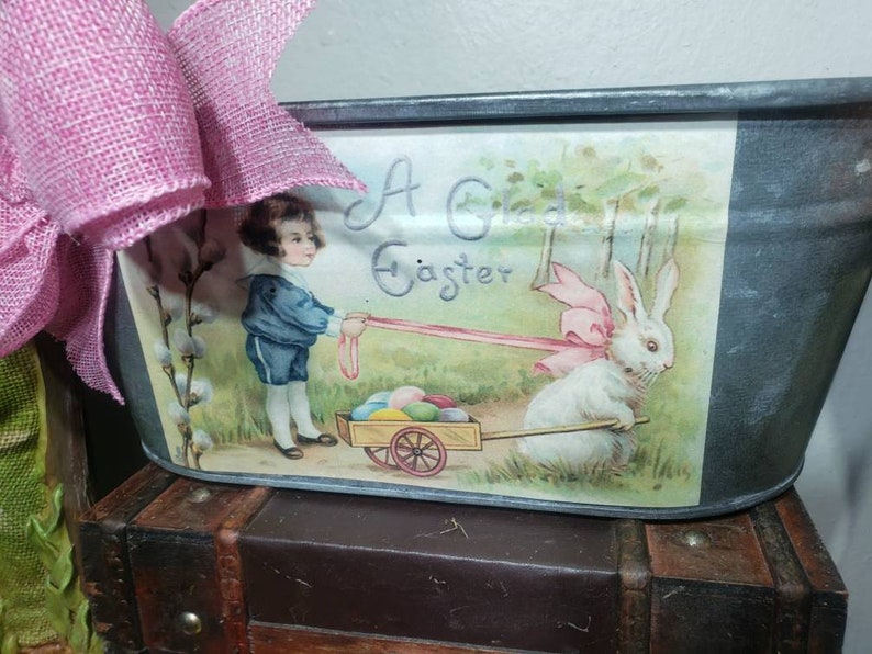 Easter basket garden . Easter print tin with fabric bow bunny
