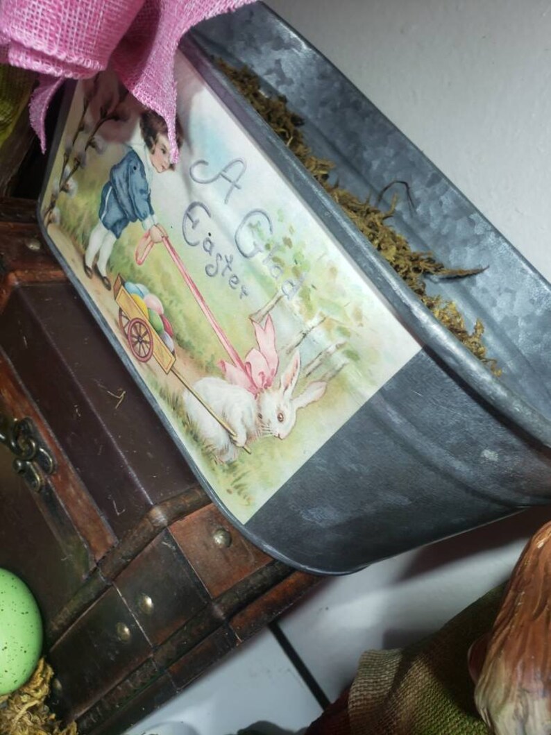 Easter basket garden . Easter print tin with fabric bow bunny