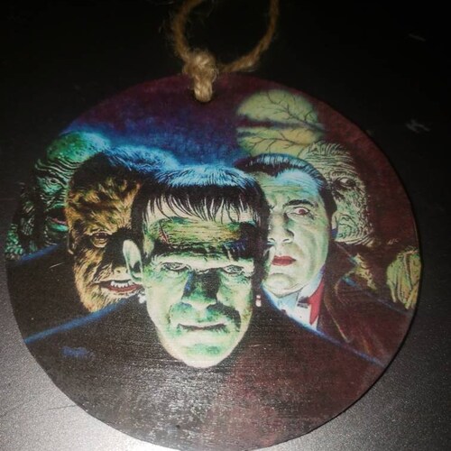 Classic monster, halloween tree, ornament, Frankenstein dracula, mummy, wolfman, creature.
