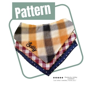 以下が含まれることがあります： オレンジ、黒、白の格子柄、赤と白のギンガムチェック柄、青と白のギンガムチェック柄の3つの犬用バンダナ。一番上のバンダナには「Sully」という名前が刺繍されています。