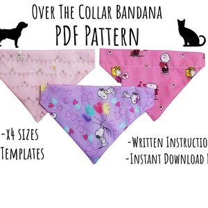 Könnte beinhalten: Ein PDF-Muster zum Nähen von Halsbändern für Haustiere. Das Muster umfasst vier Größen und Vorlagen zum Nähen von Halsbändern mit verschiedenen Designs, darunter Herzen, Ballons und Comicfiguren. Das Muster enthält auch schriftliche Anweisungen und steht zum sofortigen Download bereit.