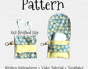 Könnte beinhalten: Ein Nähmuster für eine kleine, 7,6 x 7,6 cm große, Reißverschluss-Tasche mit Blumendruck. Die Tasche ist für ein Paar kabellose Kopfhörer und deren Ladeetui konzipiert. Das Muster enthält schriftliche Anweisungen, ein Video-Tutorial und Vorlagen.