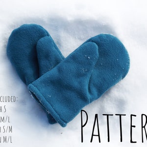May include: A pair of teal fleece mittens laid out in the shape of a heart on a white snowy background. The text "4 SIZES INCLUDED: YOUTH S YOUTH M/L WOMEN S/M WOMEN M/L PATTERN" is printed below the mittens.