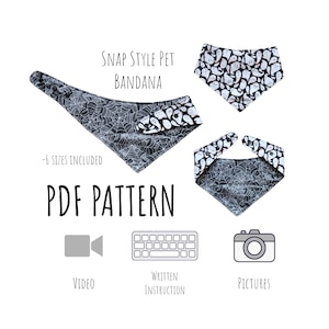 Puede incluir: Patrón PDF para una bandana para mascotas de estilo de presión con un diseño de fantasma y telaraña. El patrón incluye 6 tamaños y viene con video, instrucciones escritas e imágenes.