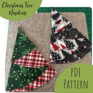 May include: Two Christmas tree napkins made from fabric with different patterns. The napkins are folded into a triangle shape to resemble a Christmas tree. The text "Christmas Tree Napkins" and "PDF PATTERN" is visible in the image.