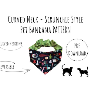 Peut inclure: Un patron de bandana pour animal de compagnie sur le thème de Noël avec un col arrondi. Le bandana est réversible et comporte un élastique vert. Le motif comprend le texte "Jingle all the way". L'image comprend également le texte "Curved Neck - Scrunchie Style Pet Bandana Pattern" et "PDF Download".