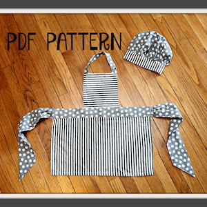 May include: PDF pattern for a gray and white striped apron with white polka dot trim and a matching white polka dot chef's hat.