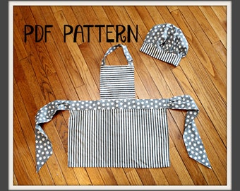 May include: PDF pattern for a gray and white striped apron with white polka dot trim and a matching white polka dot chef's hat.
