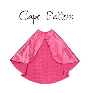 May include: A pink cape with a satin finish and a pink polka dot lining. The cape has a simple design with a rounded neckline and a button closure at the neck.