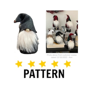 May include: A gray felt gnome with a white beard and a black hat. The gnome is standing on a white surface. The image also shows a customer review with five stars and the text "Photo above from customer review dated 12/10/2022 - Ann" and the word "PATTERN".